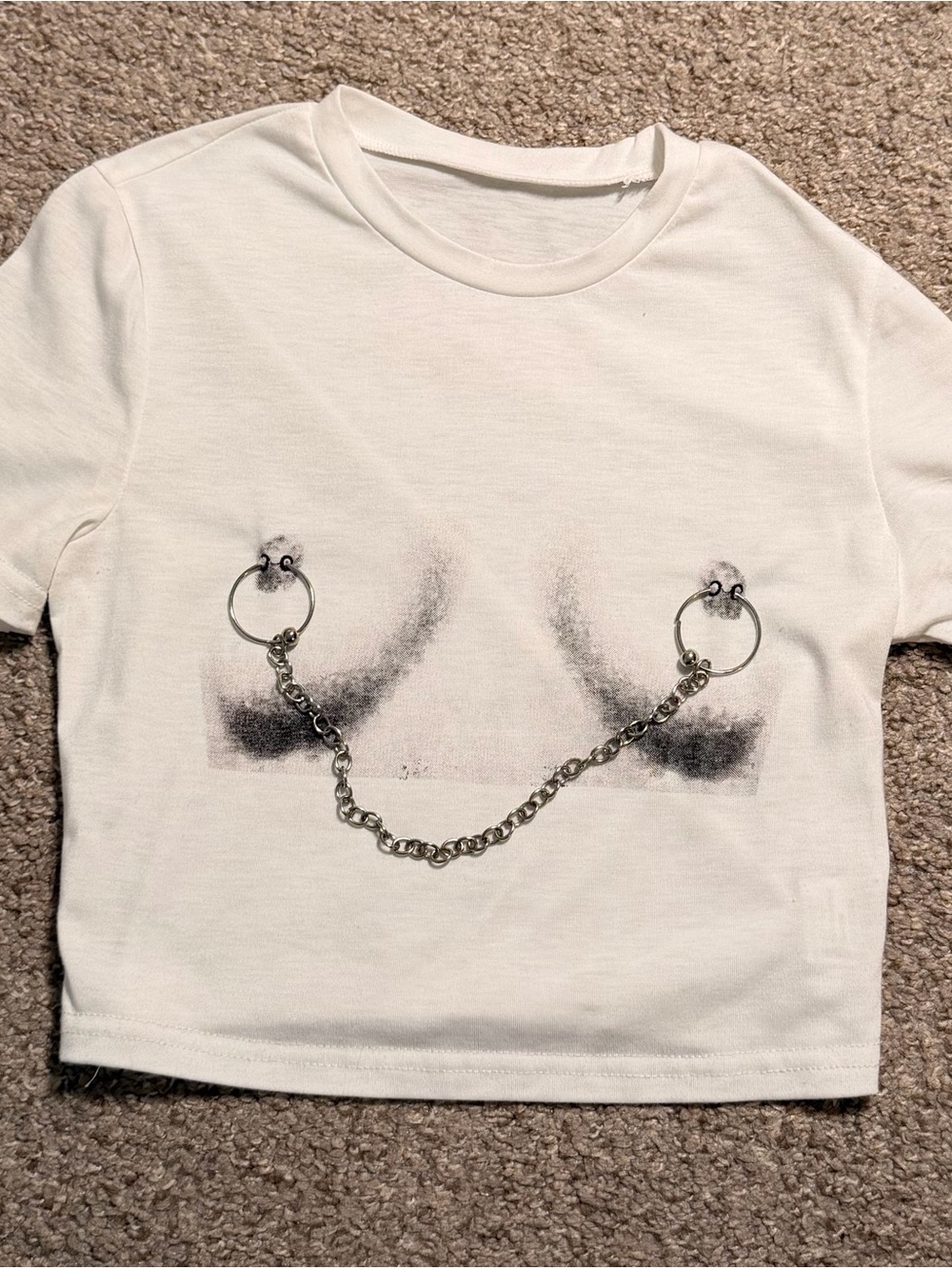 White Graphic Crop Tee with Chain Detail